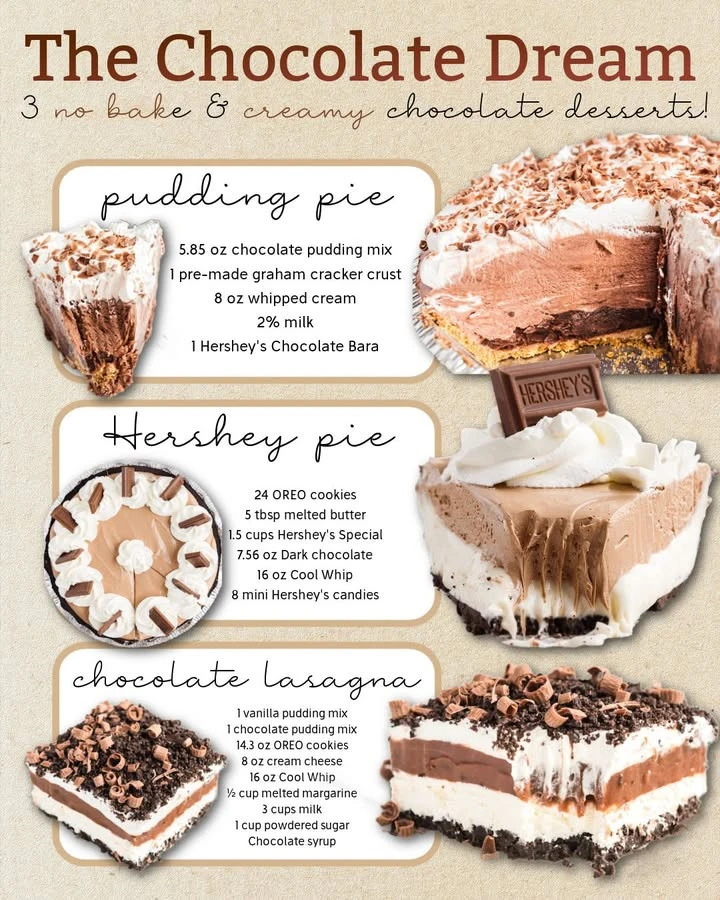 Three creamy no-bake chocolate desserts ready to enjoy