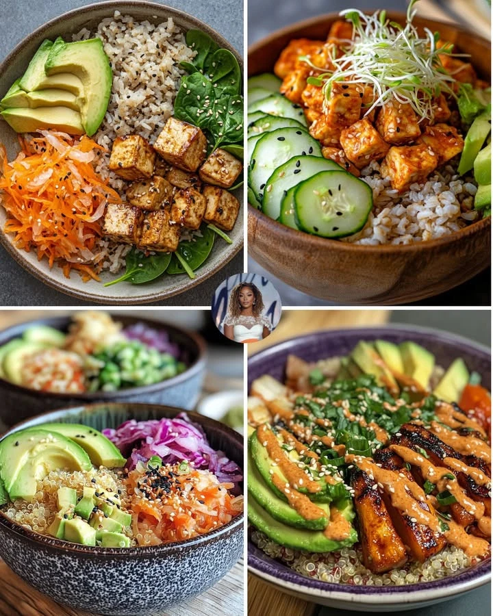 Colorful Tofu & Brown Rice Buddha Bowl with fresh vegetables