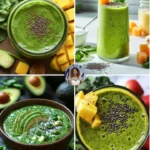 Tropical green detox smoothie made with spinach, pineapple, and coconut water