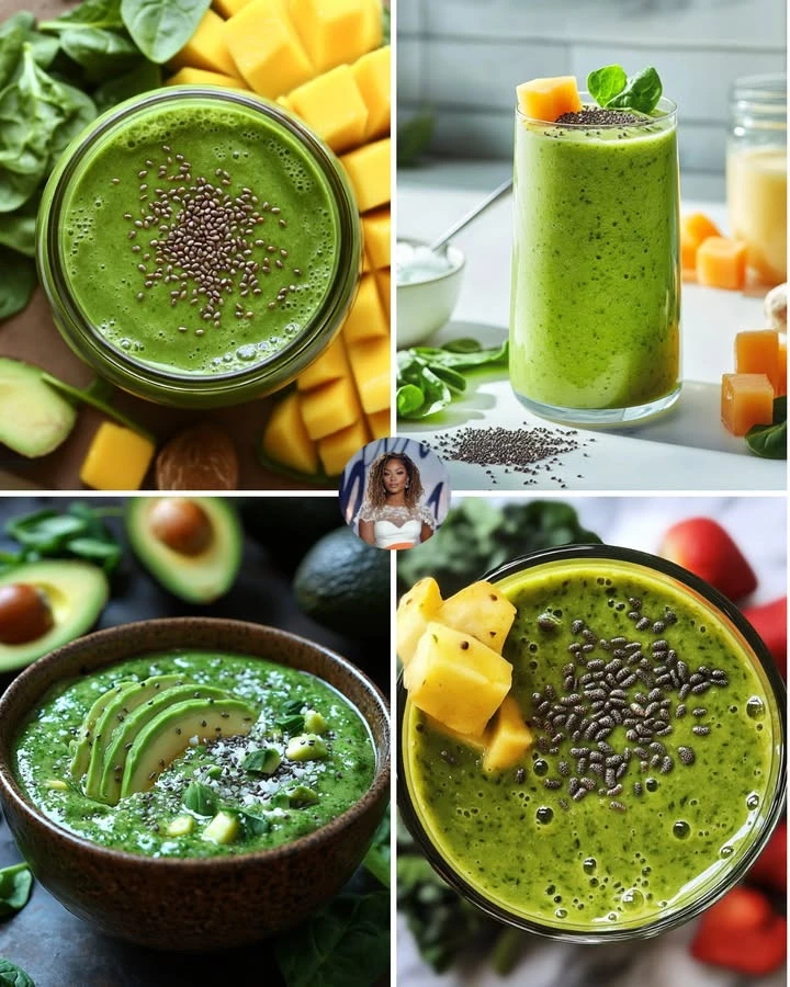 Tropical green detox smoothie made with spinach, pineapple, and coconut water