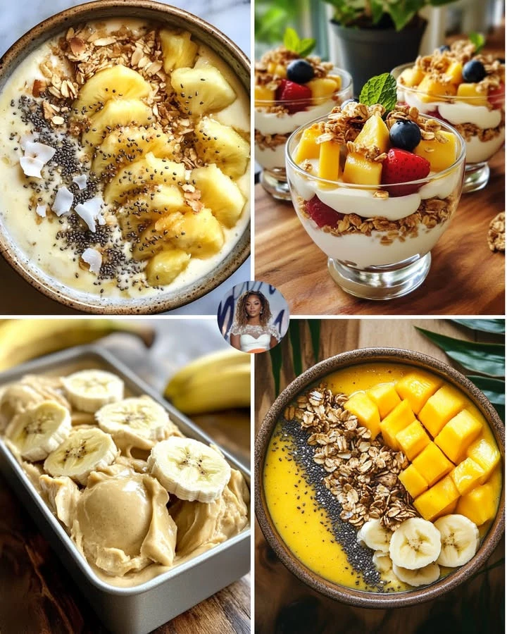 Tropical pineapple coconut smoothie bowl topped with fresh fruit and coconut flakes