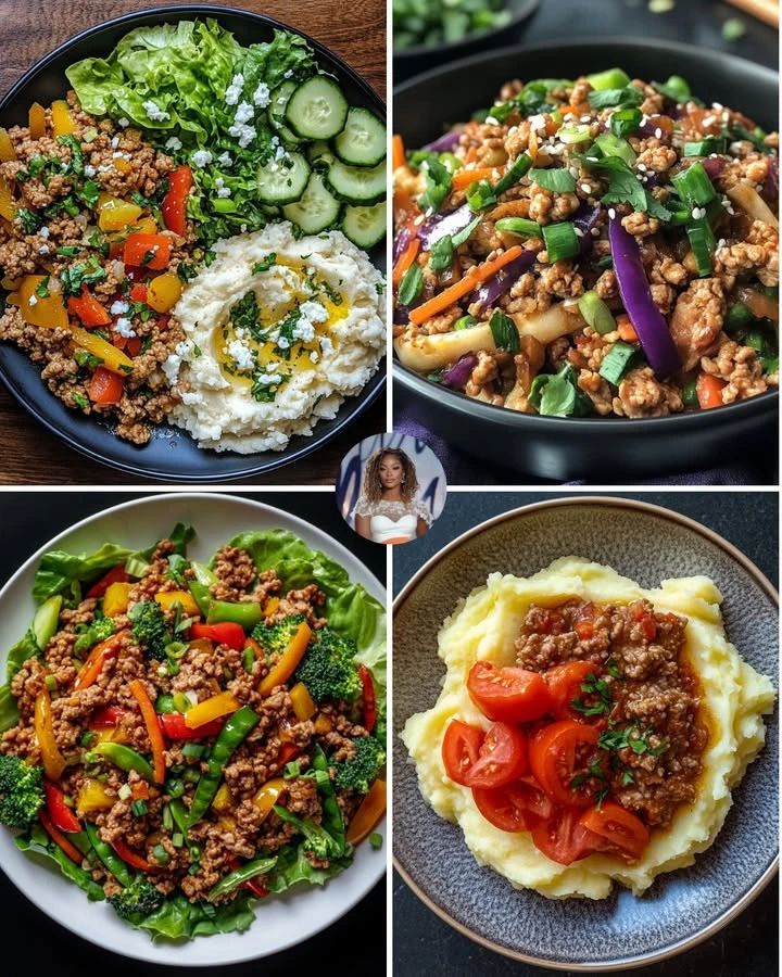 Turkey stir-fry with colorful vegetables and mashed cauliflower on a white plate