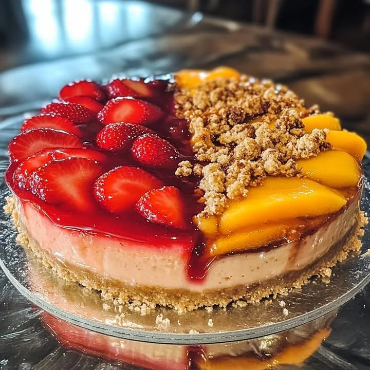 Two-Faced Cheesecake combining Peach Cobbler and Strawberry Delight flavors