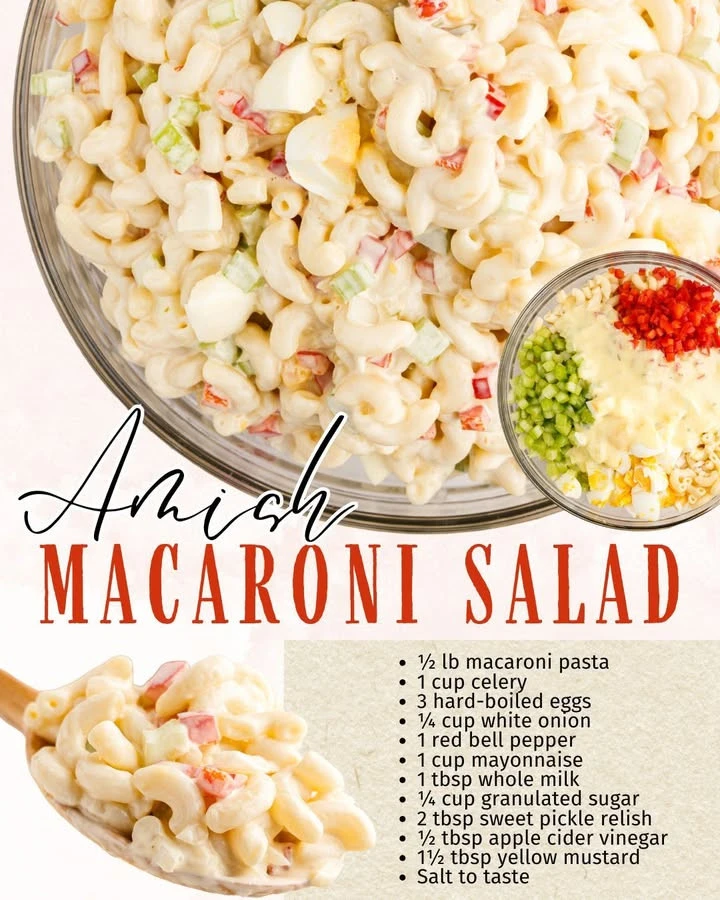 Bowl of Vintage Homemade Amish Macaroni Salad with fresh ingredients