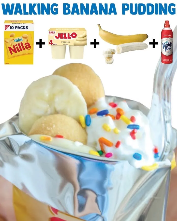 Walking Banana Pudding dessert served in cups with bananas and whipped cream