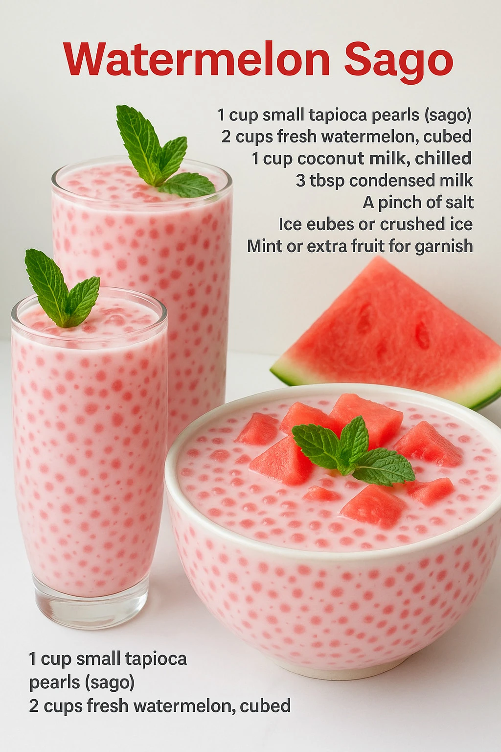 Delicious Watermelon Sago dessert served in a bowl with fresh watermelon slices.