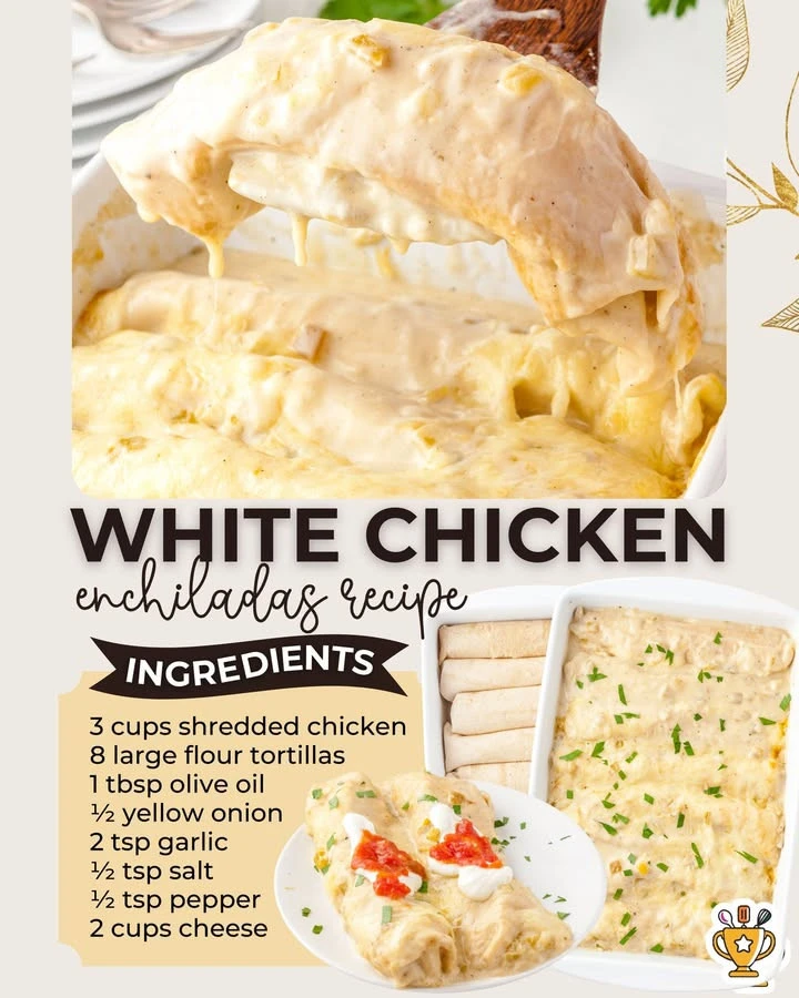 Delicious white chicken enchiladas topped with creamy sauce