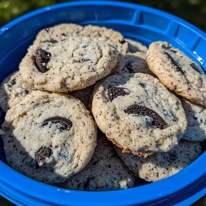 Delicious plant-based Oreo cheesecake cookies stacked on a plate