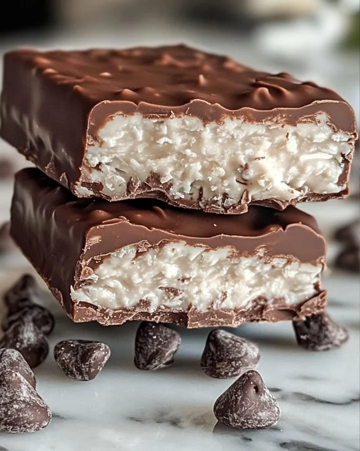 DIY 3-Ingredient Mounds Bar recipe with chocolate and coconut.