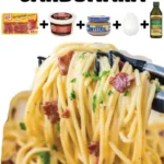 A plate of creamy 30-minute spaghetti carbonara topped with Parmesan cheese and parsley.