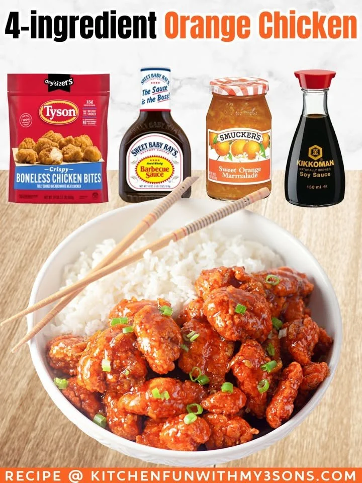 4-Ingredient orange chicken served with rice and vegetables.