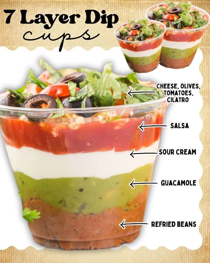 7 Layer Dip Cups with colorful layers of beans, guacamole, cheese, and salsa