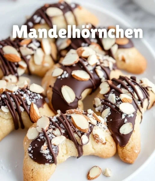 Plate of homemade Almond Horn Cookies topped with sliced almonds.