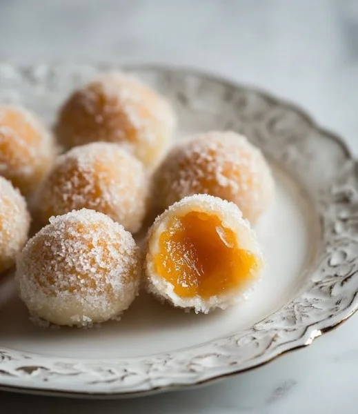 Plate of homemade apricot dumplings with a sprinkle of powdered sugar