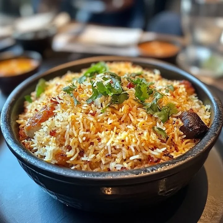 Delicious fragrant biryani served in a colorful plate, bursting with aromas.