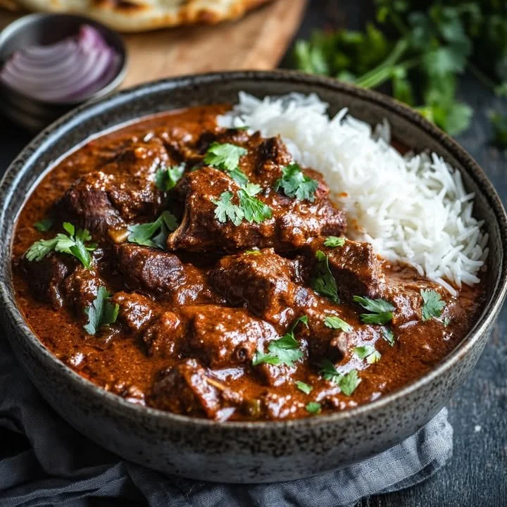 Bowl of aromatic Rogan Josh curry with spices and garnishes