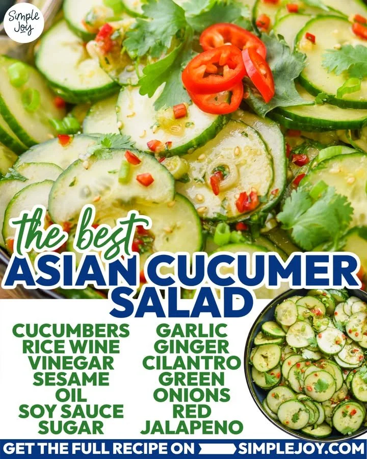Delicious Asian cucumber salad served in a bowl, garnished with fresh herbs.