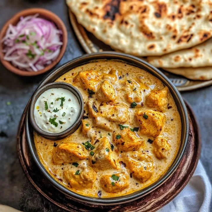 Delicious authentic Chicken Korma served with naan and garnished with cilantro