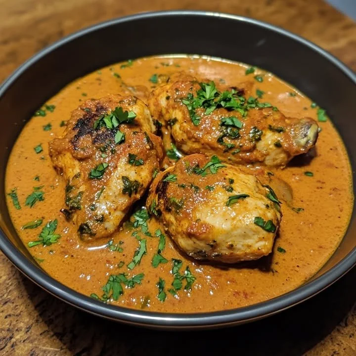 Delicious Chicken Tikka Masala served with rice and naan bread.