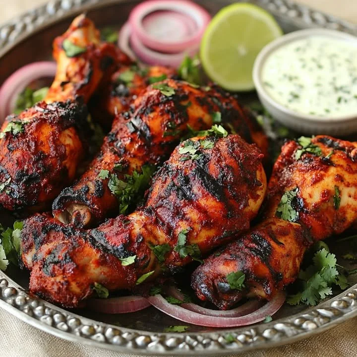 Deliciously grilled authentic tandoori chicken garnished with herbs and spices.