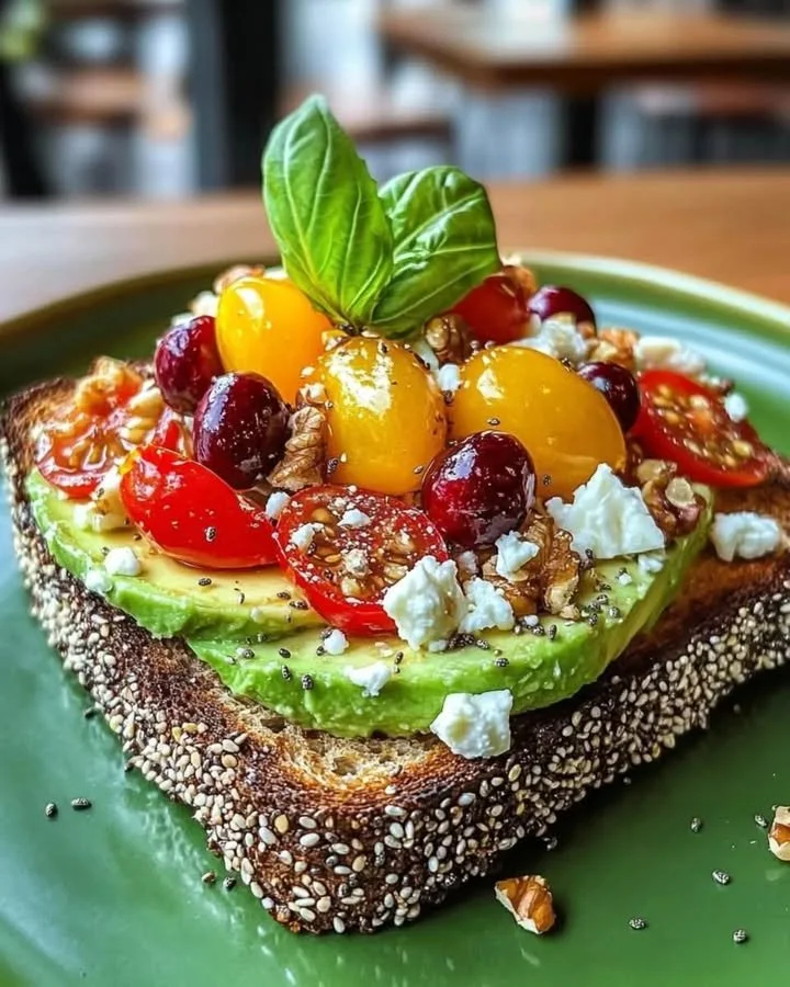 Delicious avocado toast topped with feta, cherry tomatoes, cranberries, and walnuts.