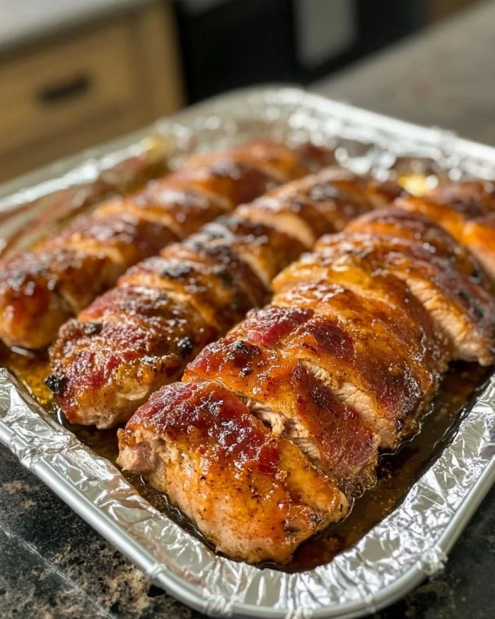Bacon Brown Sugar Pork Tenderloin served with a savory glaze