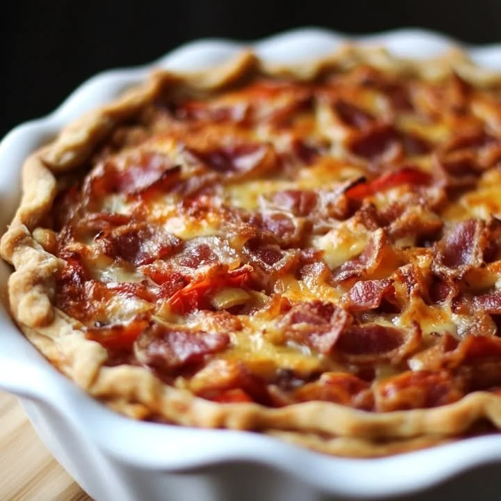 Delicious Bacon Onion Tomato Pie with crispy bacon, fresh onions, and ripe tomatoes