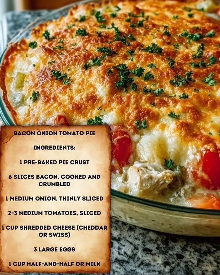 Delicious Bacon Onion Tomato Pie served on a plate