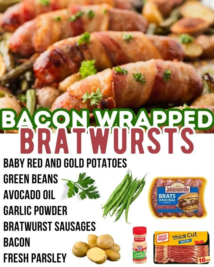 Delicious Bacon Wrapped Bratwurst on a grill, ready to serve.