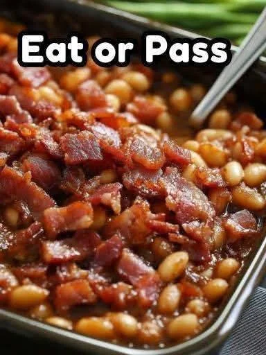 Delicious baked beans with bacon served in a rustic bowl