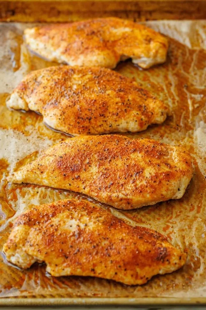 Deliciously baked chicken breast served with herbs and spices.
