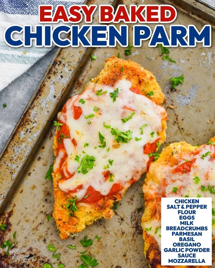 Plate of baked chicken parmesan with melted cheese and marinara sauce
