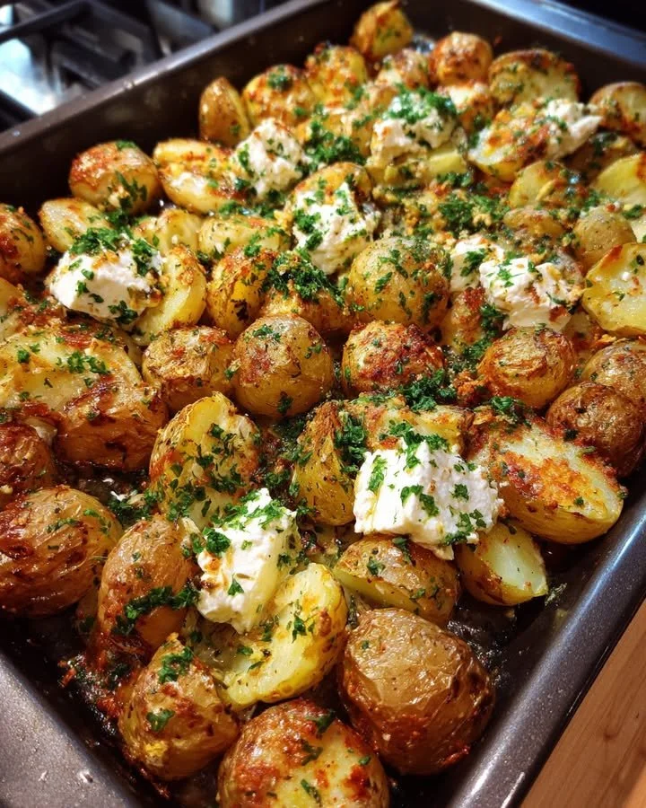 Baked Feta Potatoes topped with herbs and olives for a savory dish