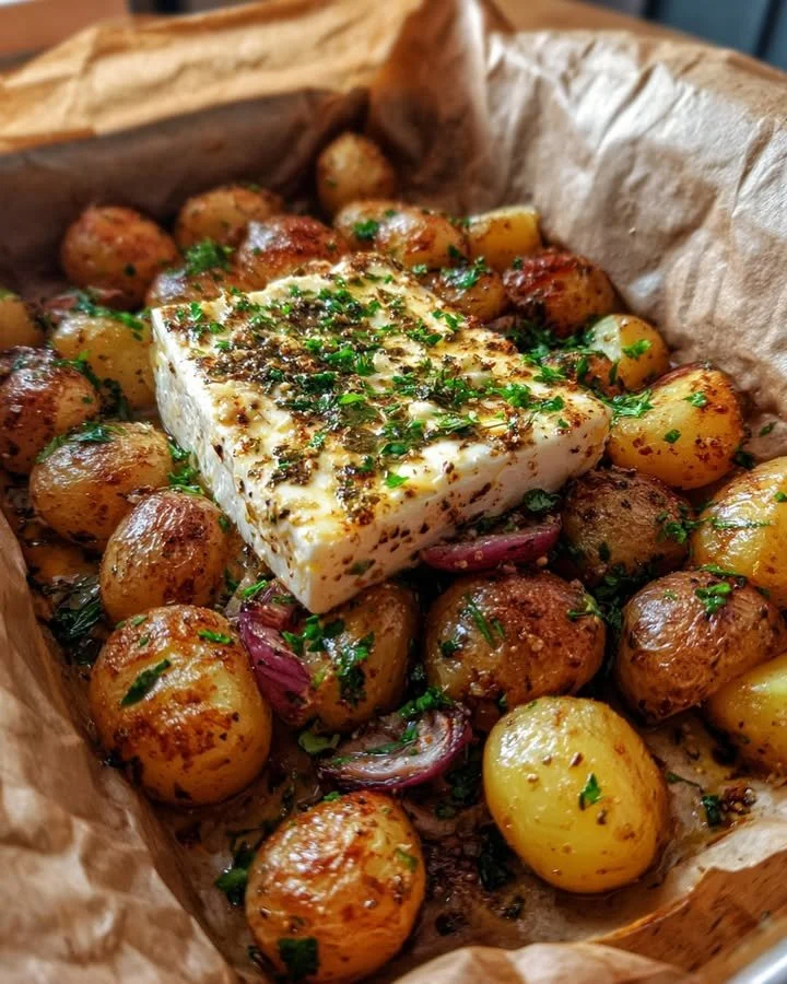 Baked feta potatoes topped with herbs and spices, served in a rustic dish.