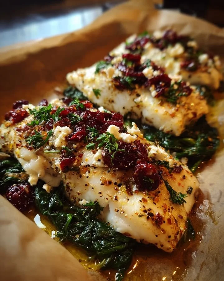 Baked fish topped with spinach, feta, and cranberries on a plate