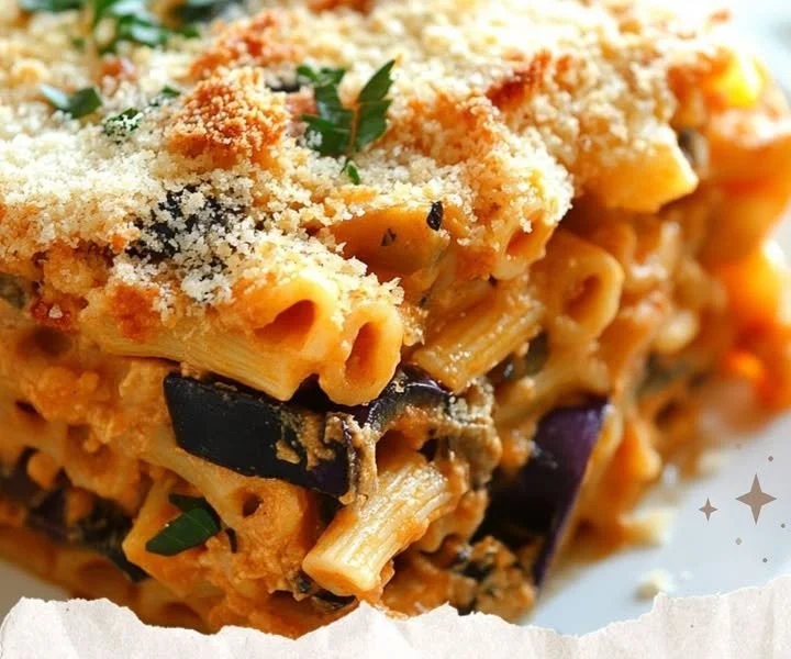 Baked pasta dish with layers of eggplant and cheese