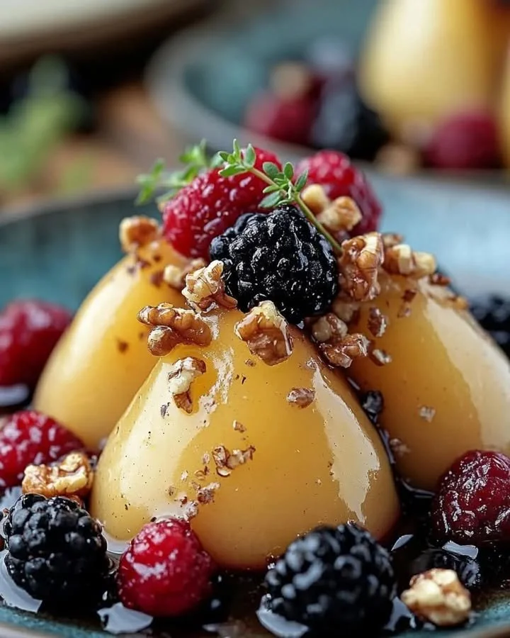 Delicious baked pears with berries, honey, walnuts, and blue cheese on a plate.