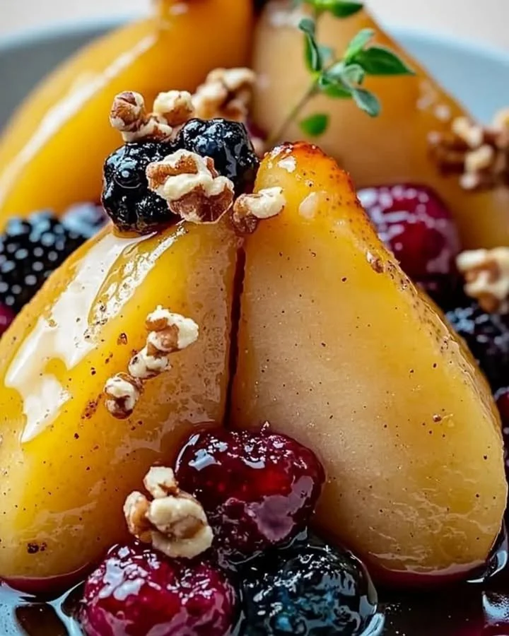 Delicious baked pears topped with berries, honey, walnuts, and blue cheese.