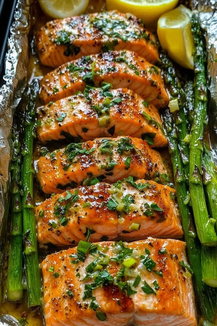 Baked salmon in foil with asparagus and lemon garlic butter sauce on a plate