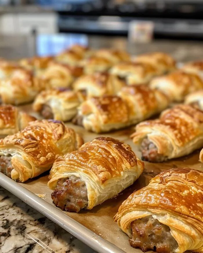 Baked sausage cream cheese crescents on a plate ready to serve.