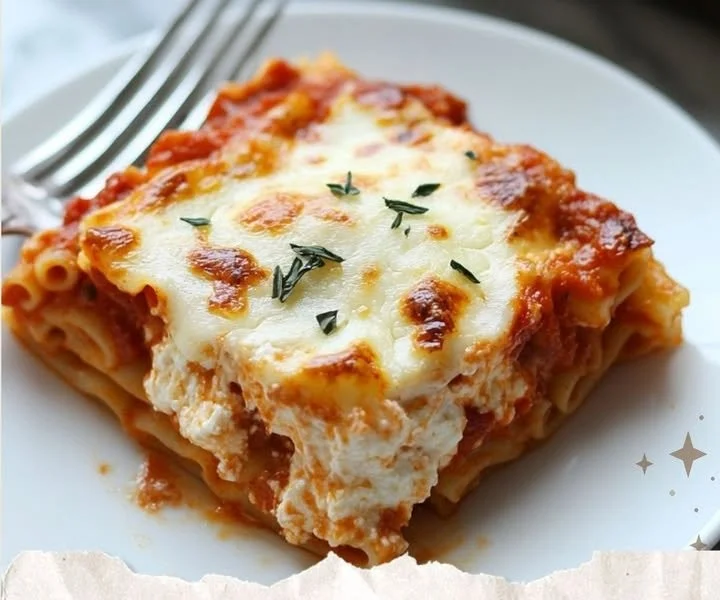 Delicious baked ziti fresh out of the oven, topped with melted cheese and herbs.