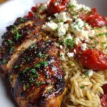 Balsamic glazed chicken served with gluten-free orzo, feta, and roasted red peppers