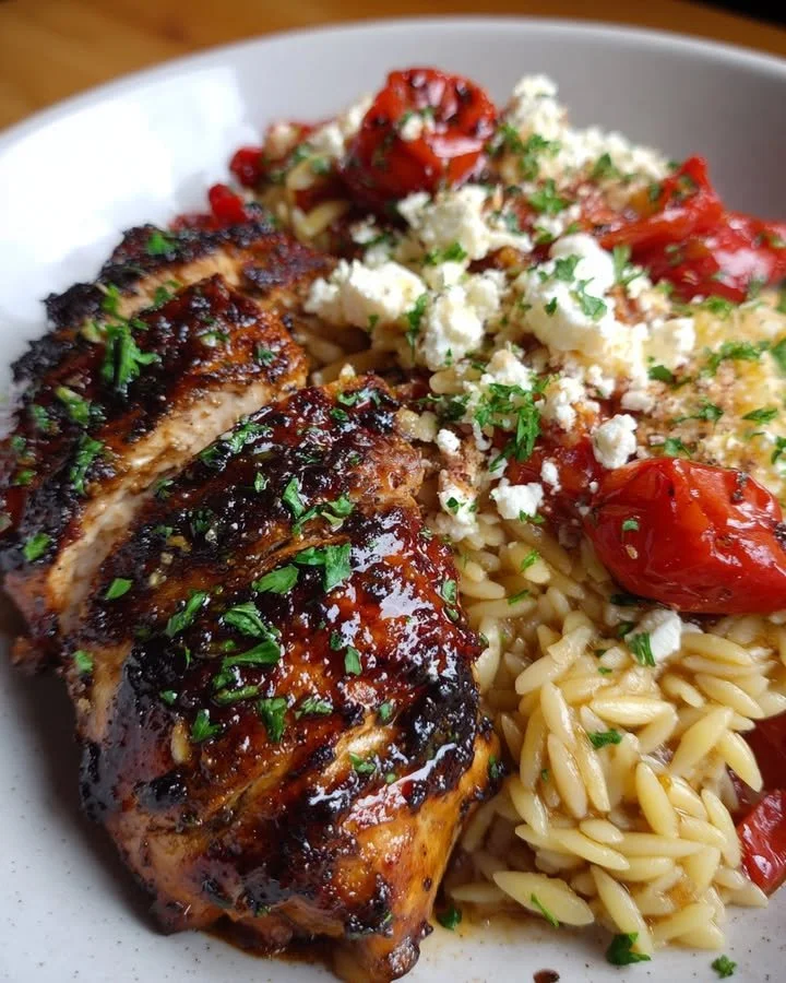Balsamic glazed chicken served with gluten-free orzo, feta, and roasted red peppers