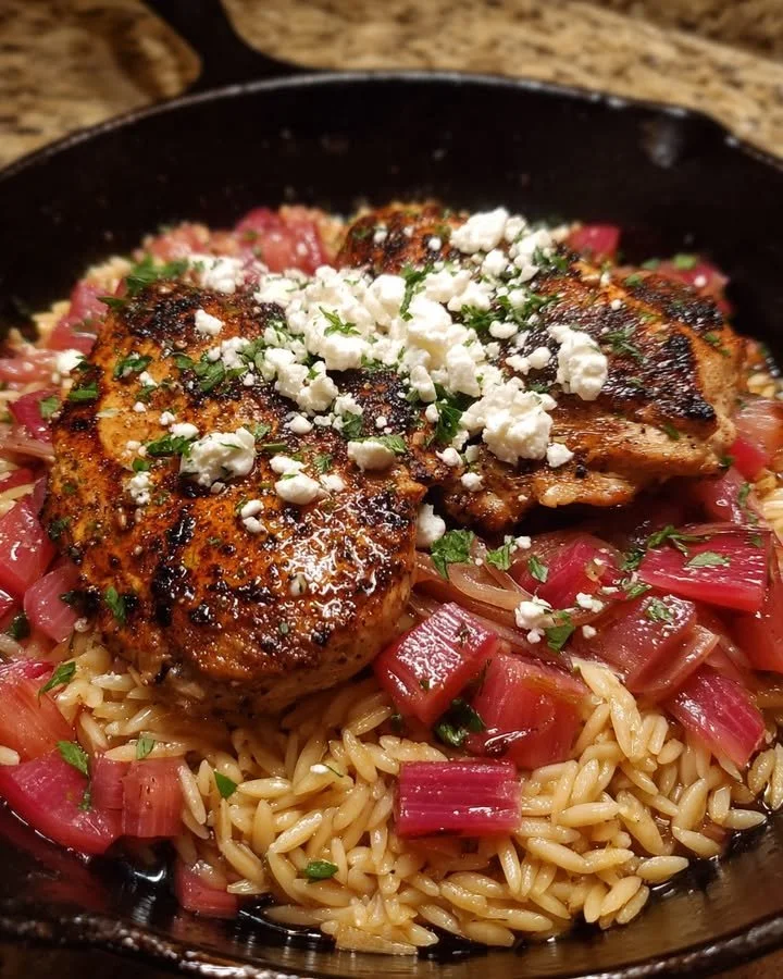 Balsamic glazed chicken with orzo, feta, and caramelized rhubarb on a plate.