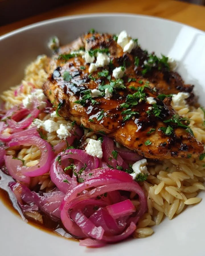 Balsamic glazed chicken with orzo, feta, and rhubarb-onion chutney on a plate.