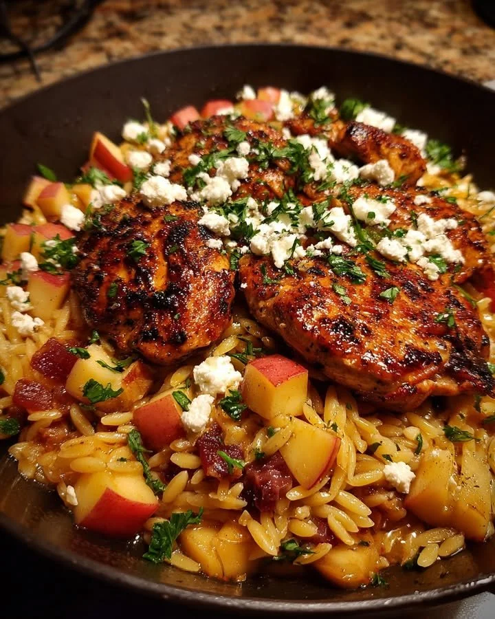 Balsamic Glazed Chicken served with orzo, feta cheese, and a spiced rhubarb medley.