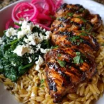 Balsamic glazed chicken served with orzo, feta cheese and sautéed spinach on a plate.