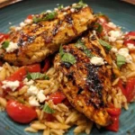 Balsamic Glazed Chicken served with orzo, goat cheese, and roasted red peppers