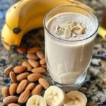 Delicious Banana Almond Smoothie in a glass with almonds and banana slices