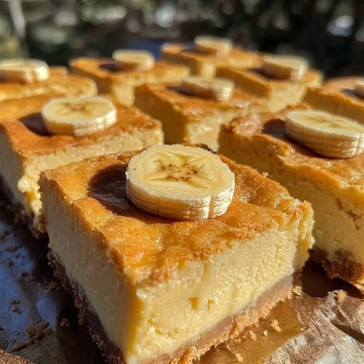 Delicious Banana Cheesecake Bars topped with fresh banana slices and whipped cream